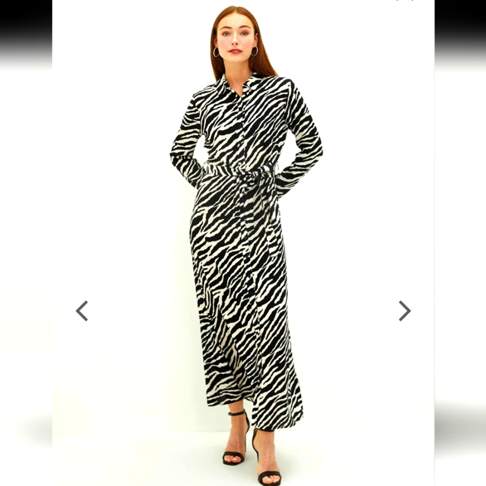 LC Waikiki Classic Nwot Longsleeve White/Black/Tan Animal Print Maxidress